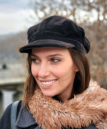  Model wearing Valerie Newsboy Style Cap in Velvet in Chocolate | Handmade by Pandemonium Millinery | Seattle WA USA