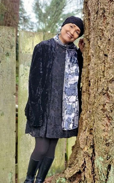 Women&#39;s Leaning on tree in yard wearing a Classic Scarf |  Burnout Velvet in Moonlight, Blues and Grays | Handmade in Seattle WA Pandemonium Millinery