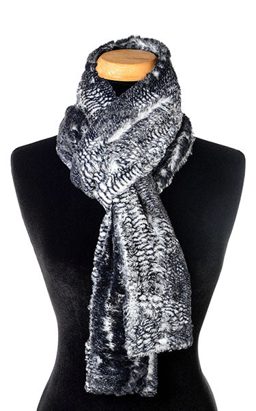 Women’s Product shot on mannequin of Skinny Classic Scarf | Black Mamba animal snake print Faux Fur | Handmade by Pandemonium Millinery Seattle, WA USA