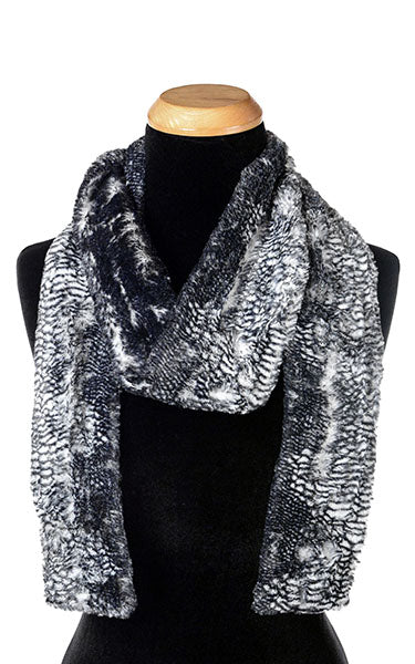 Women’s Product shot on mannequin of Skinny Classic Scarf | Black Mamba animal snake print Faux Fur | Handmade by Pandemonium Millinery Seattle, WA USA