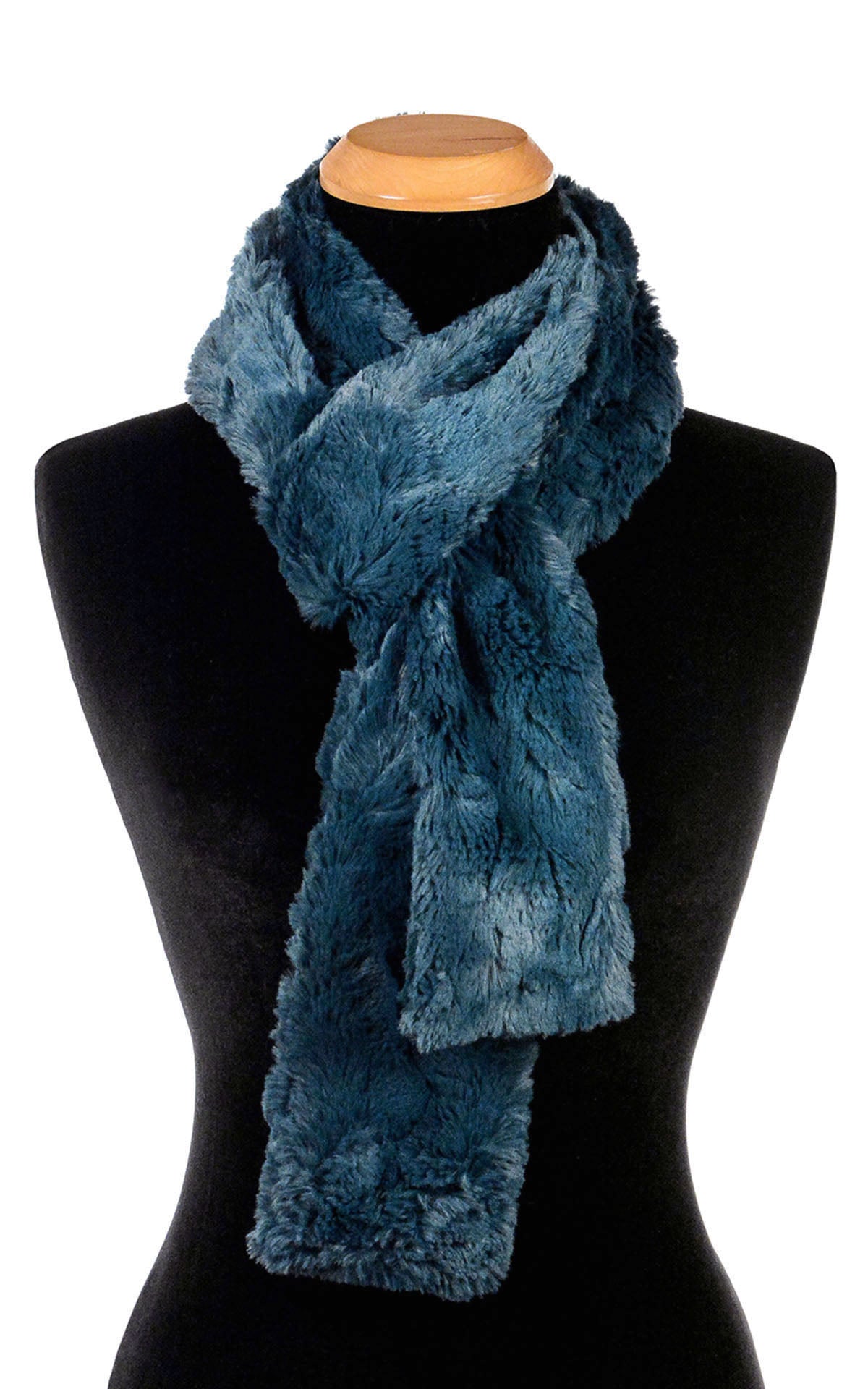 Women’s Product shot on mannequin of  Skinny Classic Scarf | Peacock Pond blue/teal Faux Fur | Handmade by Pandemonium Millinery Seattle, WA USA