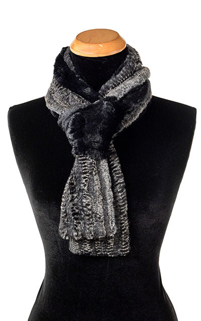 Women’s Product shot on mannequin of Two Tone Skinny Classic Scarf Rattle ‘n’ shake animal snake print  with Cuddly Black Faux Fur | Handmade by Pandemonium Millinery Seattle, WA USA