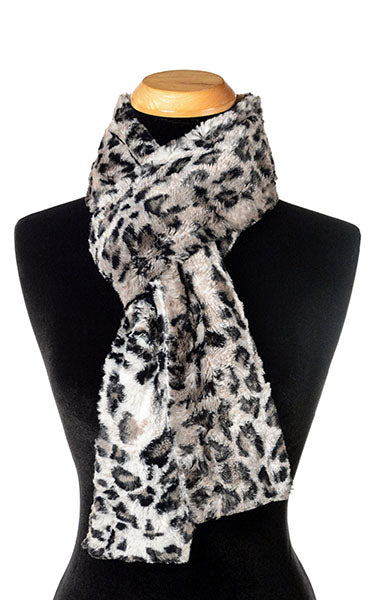 women’s Product shot on mannequin of Classic Skinny Scarf | Savannah Cat animal print Faux Fur | Handmade by Pandemonium Millinery Seattle, WA USA