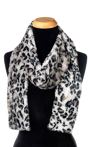 women’s Product shot on mannequin of Classic Skinny Scarf | Savannah Cat animal print Faux Fur | Handmade by Pandemonium Millinery Seattle, WA USA