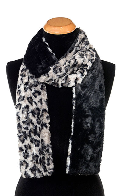 Women’s Product shot on mannequin of Two-tone Skinny Classic Scarf | Savannah Cat animal print Faux Fur with cuddly black | Handmade by Pandemonium Millinery Seattle, WA USA
