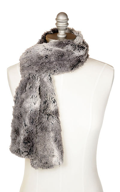 Men’s Product shot on mannequin of Classic Skinny Skinny Scarf | Seattle sky, gray faux fur | Handmade by Pandemonium Millinery Seattle, WA USA