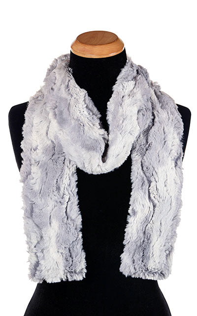 Men’s Product shot on mannequin of Classic Skinny Scarf | Winter River faux fur, ice blue gray with hints of periwinkle | Handmade by Pandemonium Millinery Seattle, WA USA