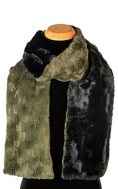 Women's Classic Two-Tone Standard Scarf in Army Green Cuddly Faux Fur with Black | Handmade in Seattle WA | Pandemonium Millinery