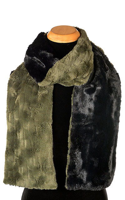Women&#39;s Classic Two-Tone Standard Scarf in Army Green Cuddly Faux Fur with Black | Handmade in Seattle WA | Pandemonium Millinery