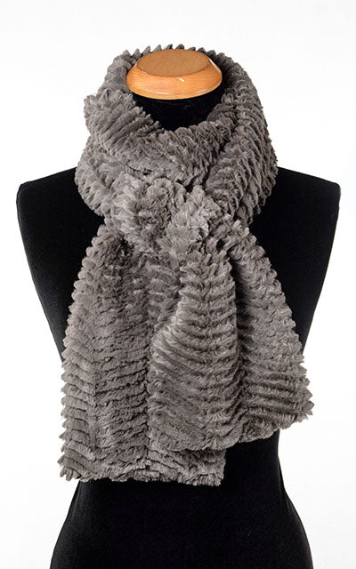 Product shot of Classic Scarf on mannequin Shown tied | Chevron in Charcoal Gray Faux Fur | Handmade in Seattle WA Pandemonium Millinery