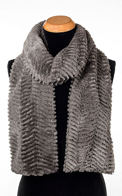 Product shot of Classic Scarf on mannequin | Chevron in Charcoal Gray Faux Fur | Handmade in Seattle WA Pandemonium Millinery