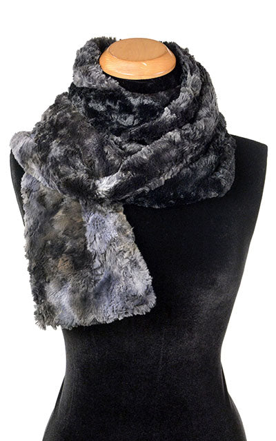 Women’s Product shot on mannequin of Classic Two-Tone Scarf | Highland in Skye faux fur tie dye navy grays and blues with cuddly Black | Handmade by Pandemonium Millinery Seattle, WA USA