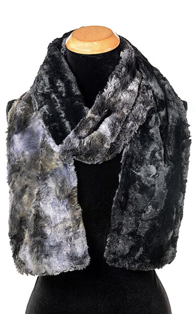 Women’s Product shot on mannequin of Classic Two-Tone Scarf | Highland in Skye faux fur tie dye navy grays and blues with cuddly Black | Handmade by Pandemonium Millinery Seattle, WA USA