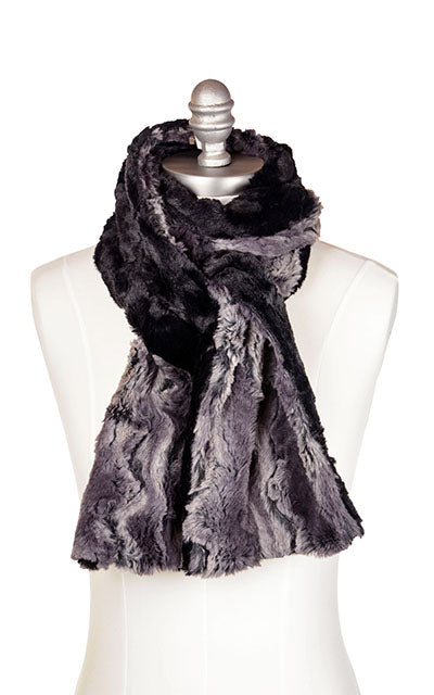 Women’s wearing Classic two-tone Scarf | Muddy Waters with cuddly black faux fur | Handmade by Pandemonium Millinery Seattle, WA USA