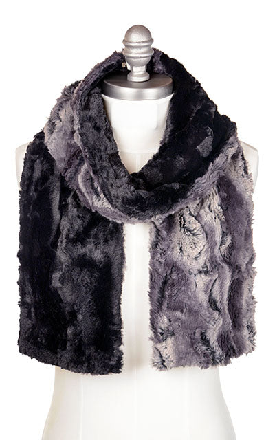 Men’s Product shot on mannequin of Classic two-tone Scarf | Muddy Waters with cuddly black faux fur | Handmade by Pandemonium Millinery Seattle, WA USA