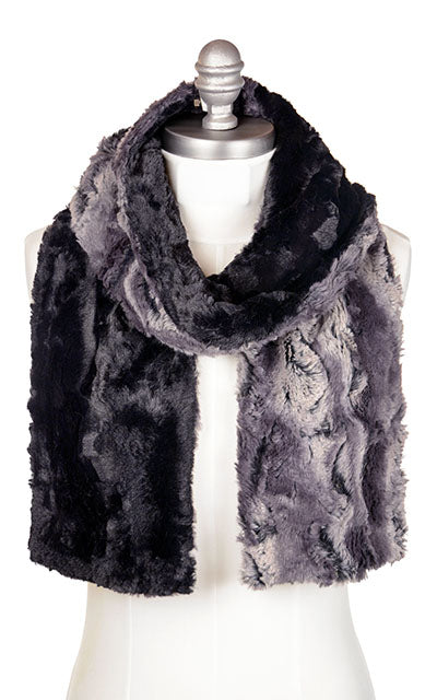 Women’s Product shot on mannequin of Classic two-tone Scarf | Muddy Waters with cuddly black faux fur | Handmade by Pandemonium Millinery Seattle, WA USA