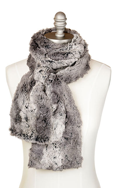 Men’s Product shot on mannequin of Classic Skinny Scarf | Seattle sky, gray faux fur | Handmade by Pandemonium Millinery Seattle, WA USA