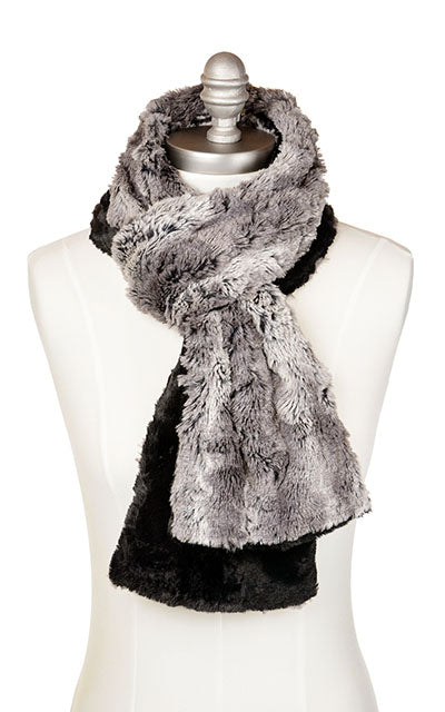 Men&#39;s Product shot of Classic Scarf on Mannequin  shown tied |  Seattle Sky, Charcoal Gray faux fur with Cuddly Black | Handmade in Seattle WA Pandemonium Millinery