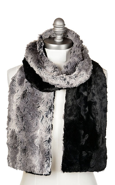 Men's Product shot of Classic Scarf on Mannequin  shown tied |  Seattle Sky, Charcoal Gray faux fur with Cuddly Black | Handmade in Seattle WA Pandemonium Millinery