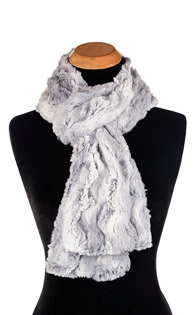 Women’s Product shot on mannequin of Classic Scarf | Winter River faux fur, ice blue gray with hints of periwinkle | Handmade by Pandemonium Millinery Seattle, WA USA