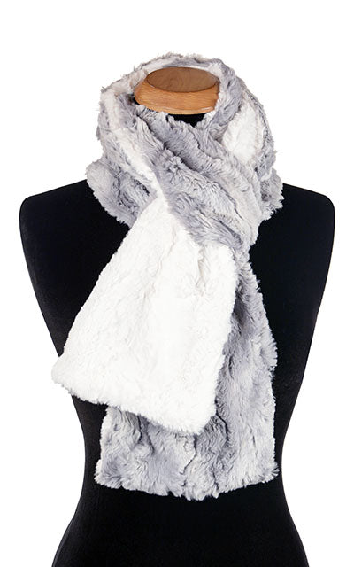women's Product shot of Classic Scarf  shown tied on Mannequin | Winter river, ice blue with hits of periwinkle faux fur with Cuddly ivory  | Handmade in Seattle WA Pandemonium Millinery