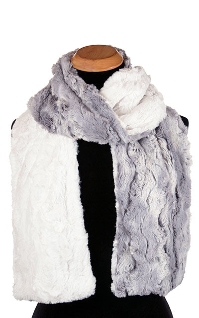 Men's Product shot of Classic Scarf tied on Mannequin | Winter river, ice blue with hits of periwinkle faux fur with Cuddly ivory  | Handmade in Seattle WA Pandemonium Millinery