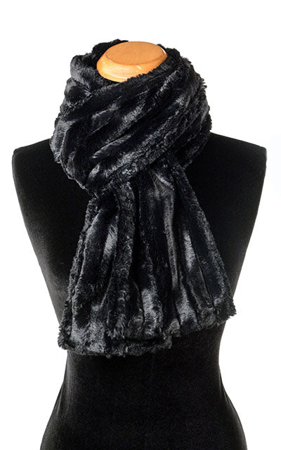 Product shot of  Classic Scarf Minky  Black on mannequin | Cuddly Faux Fur | Handmade in Seattle WA Pandemonium Millinery