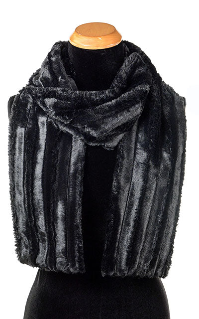 Product shot of Classic Scarf Minky  Black on mannequin | Cuddly Faux Fur | Handmade in Seattle WA Pandemonium Millinery
