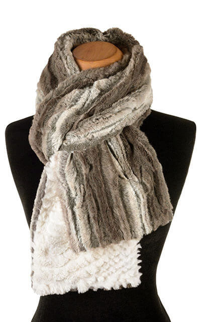 Model against wall wearing women's Classic Scarf and texting fingerless gloves | Willows Grove Plush Faux Fur with Falkor | Handmade in Seattle WA | Pandemonium Millinery