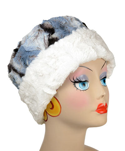 Cuffed Pillbox | Rainier Sky Luxury Faux Fur with Cuddly Ivory | Handmade in the USA by Pandemonium Seattle