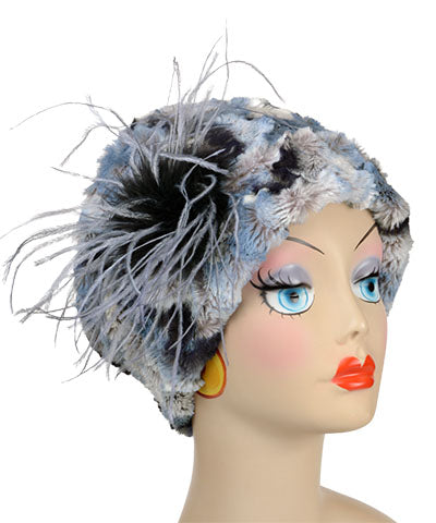 Cuffed Pillbox | Rainier Sky Luxury Faux Fur with Ostrich Feather Brooch | Handmade in the USA by Pandemonium Seattle