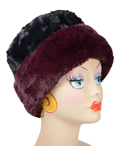 Royal Opulence Merlot Cuffed Pillbox with Cuddly Black. Handmade by Pandemonium Seattle.