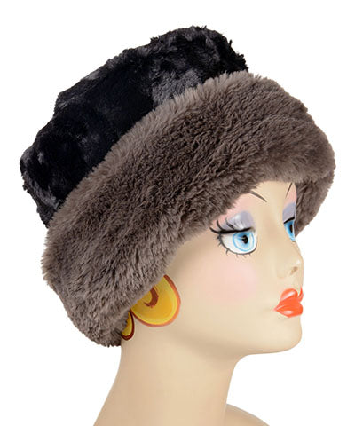 Royal Opulence Cuffed Pillbox in Mink Gray with Cuddly Black. Handmade by Pandemonium Seattle.
