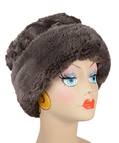 Alternate view of Royal Opulence Cuffed Pillbox in Mink Gray with Cuddly Gray. Handmade by Pandemonium Seattle.