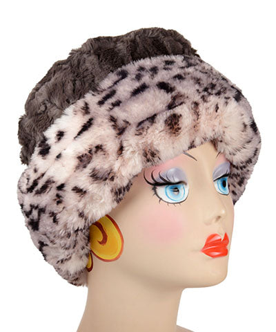 Royal Opulence Cuffed Pillbox in Snow Leopard reversed to display Cuddly Gray side. Handmade by Pandemonium Seattle.