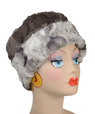 Cuffed Pillbox Reversed | White Water Luxury Faux Fur with Cuddly Gray | Handmade in the USA by Pandemonium Seattle