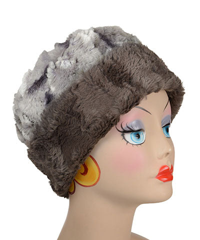 Cuffed Pillbox | White Water Luxury Faux Fur with Cuddly Gray | Handmade in the USA by Pandemonium Seattle