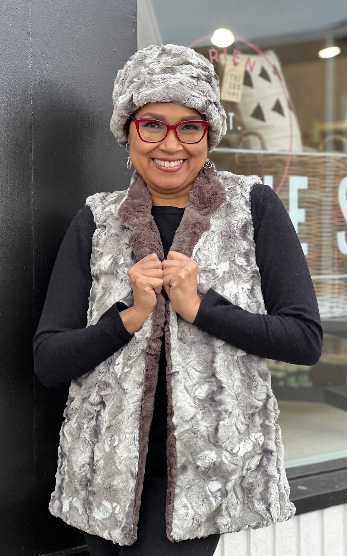 Mandarin Vest Short | White Water Faux Fur Lined Gray | Handmade in the USA by Pandemonium Seattle