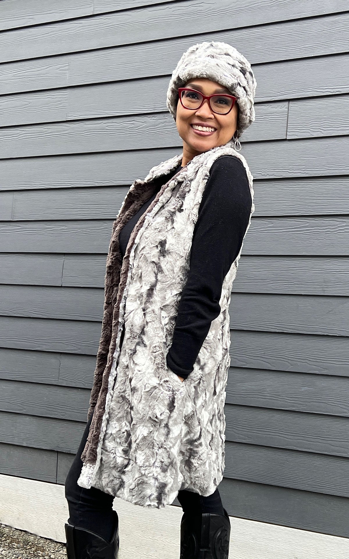 Mandarin Vest Long | White Water Faux Fur | Handmade in the USA by Pandemonium Seattle