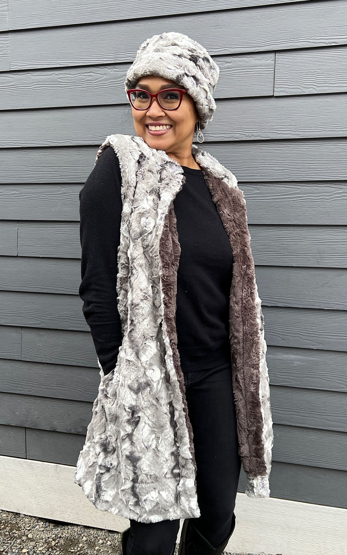 Mandarin Vest Long | White Water Faux Fur with Gray Lining | Handmade in the USA by Pandemonium Seattle