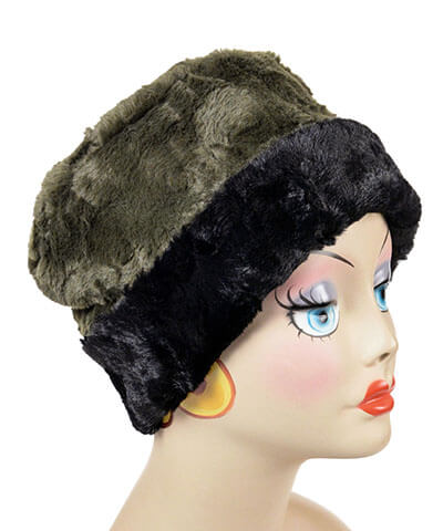 Reversible, Cuffed Pillbox in Cuddly Army Green with Cuddly Black Faux Fur by Pandemonium Millinery. Handmade in Seattle, WA USA.