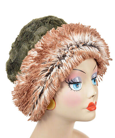 Cuffed Pillbox Hat Red Fox with Cuddly Faux Fur in Army Green