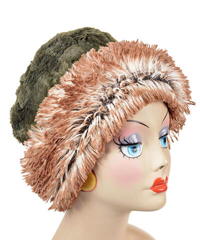 Reversible, Cuffed Pillbox in Cuddly Army Green with Red Fox Faux Fur by Pandemonium Millinery. Handmade in Seattle, WA USA.