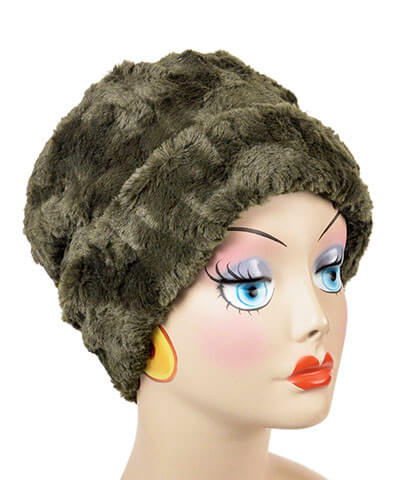 Cuffed Pillbox Hat Solid, Cuddly Faux Fur in Army Green by Pandemonium Millinery