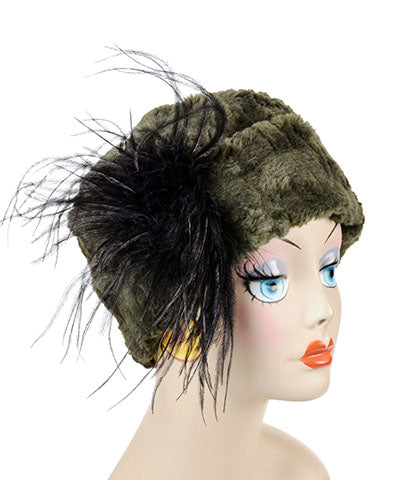 Cuffed Pillbox Hat Solid, Cuddly Faux Fur in Army Green with Black Ostrich Feather by Pandemonium Millinery