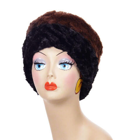 Product shot of a Reversible, Cuffed Pillbox in Cuddly Chocolate with Cuddly Black Faux Fur in reversed by Pandemonium Millinery. Handmade in Seattle, WA USA.