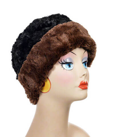 Reversible, Cuffed Pillbox in Cuddly Chocolate with Cuddly Black Faux Fur by Pandemonium Millinery. Handmade in Seattle, WA USA.
