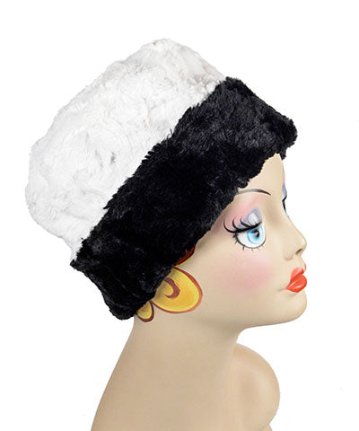 Reversible, Cuffed Pillbox in Cuddly Ivory with Cuddly Black Faux Fur by Pandemonium Millinery. Handmade in Seattle, WA USA.