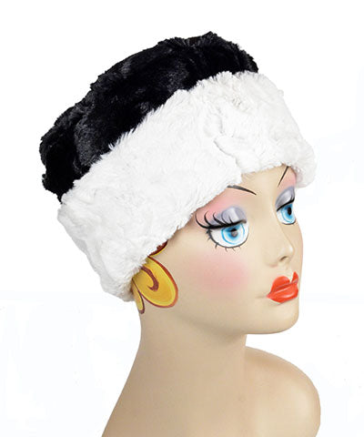 Reversible, Cuffed Pillbox in Cuddly Black with Cuddly Ivory Faux Fur by Pandemonium Millinery. Handmade in Seattle, WA USA.