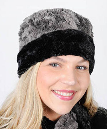 Model wearing Cuffed Pillbox in Cuddly Gray with Cuddly Black Faux Fur by Pandemonium Millinery. Handmade in Seattle, WA USA.